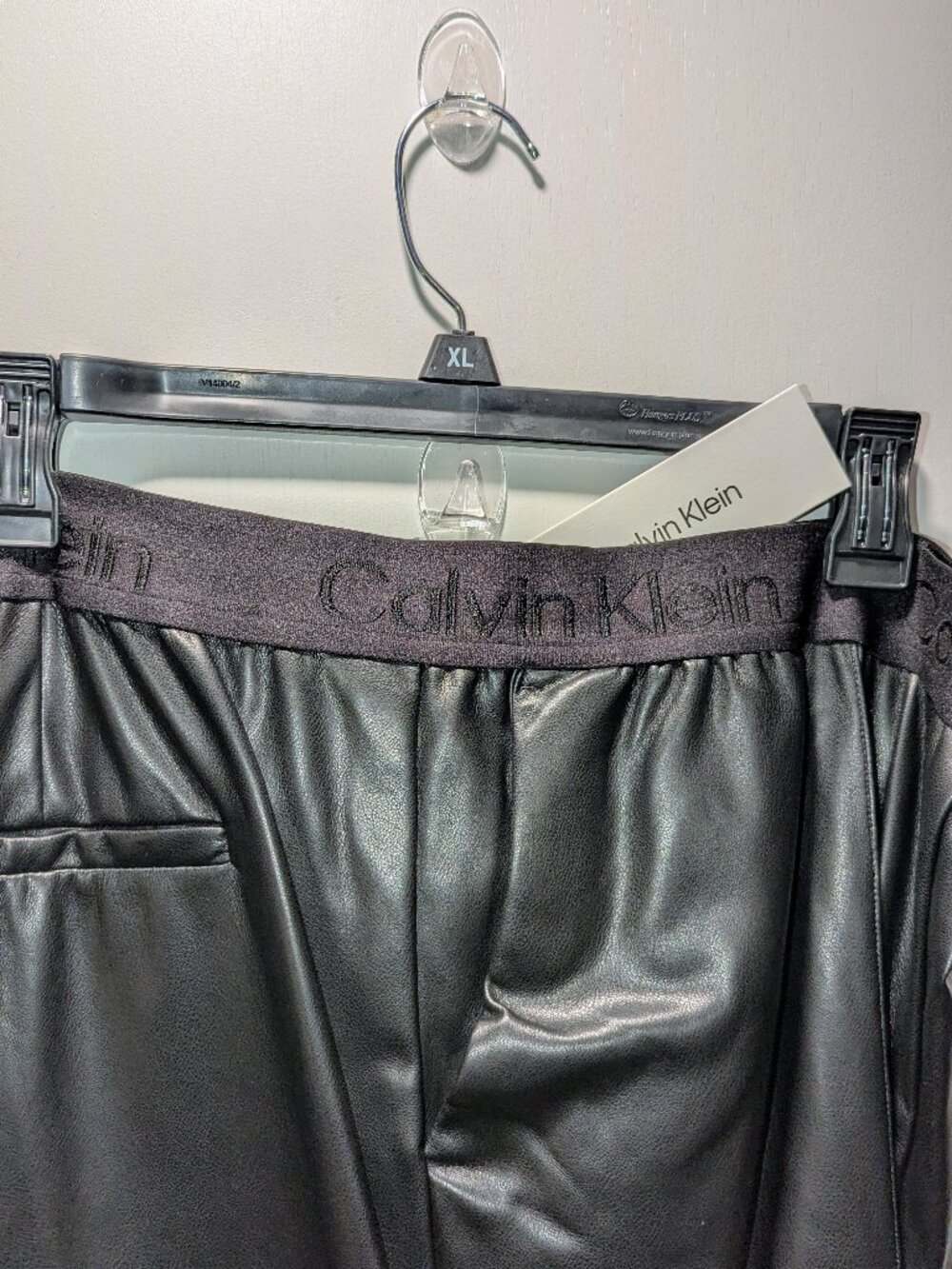 Calvin Klein Black Logo Elastic Waist Faux Leather Pull-On Dress Pants sz XL